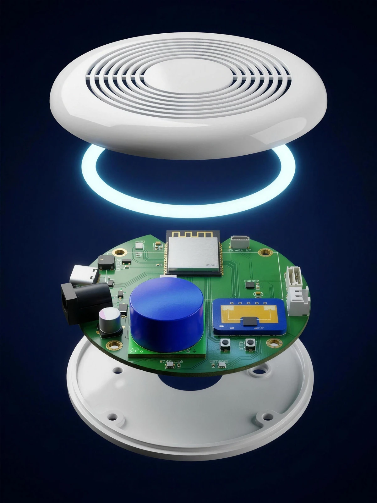 Exploded view of the Airceptor ceiling device — the grille cover on top, a status light ring, the nine-sensor circuit board with its ESP32 wireless module, mmWave radar, gas and CO sensors, and the ceiling mounting plate below