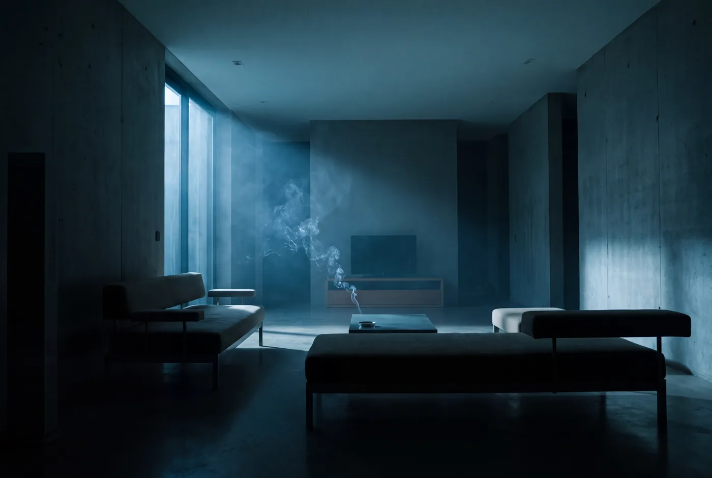 Vape smoke drifting through an empty rental at dusk